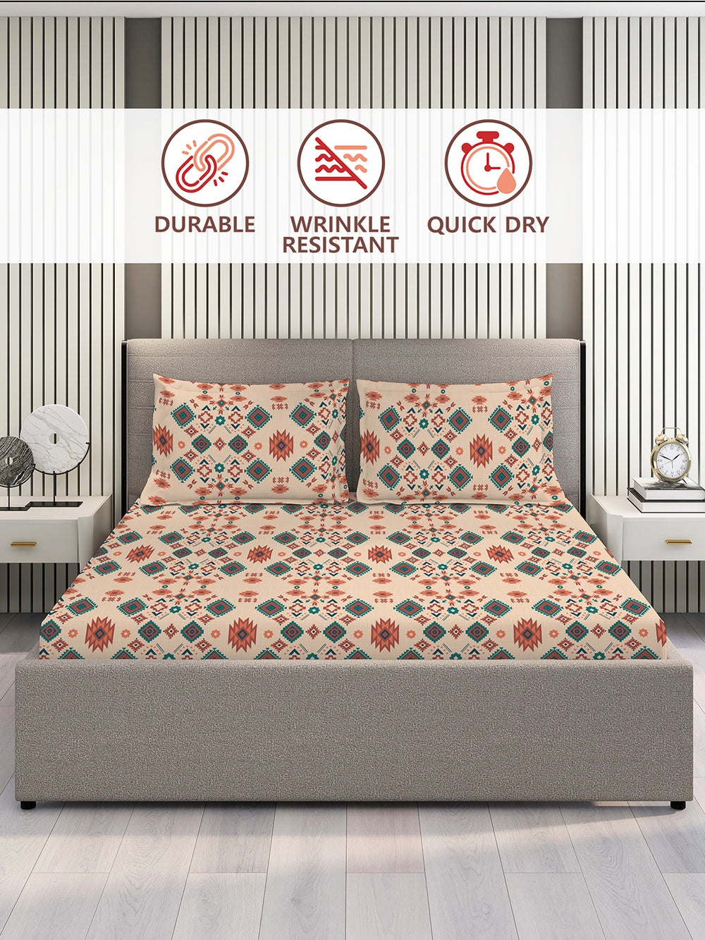 Basicx 100% Cotton 120 TC Beige Ethnic 1 King Size Bedsheet with 2 Pillow Covers