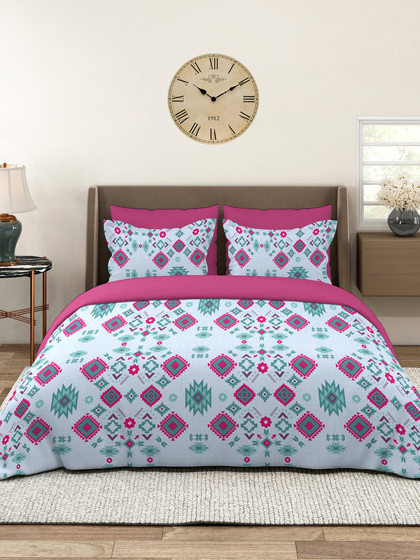 Basicx 100% Cotton 120 TC Blue Ethnic 1 King Size Bedsheet with 2 Pillow Covers