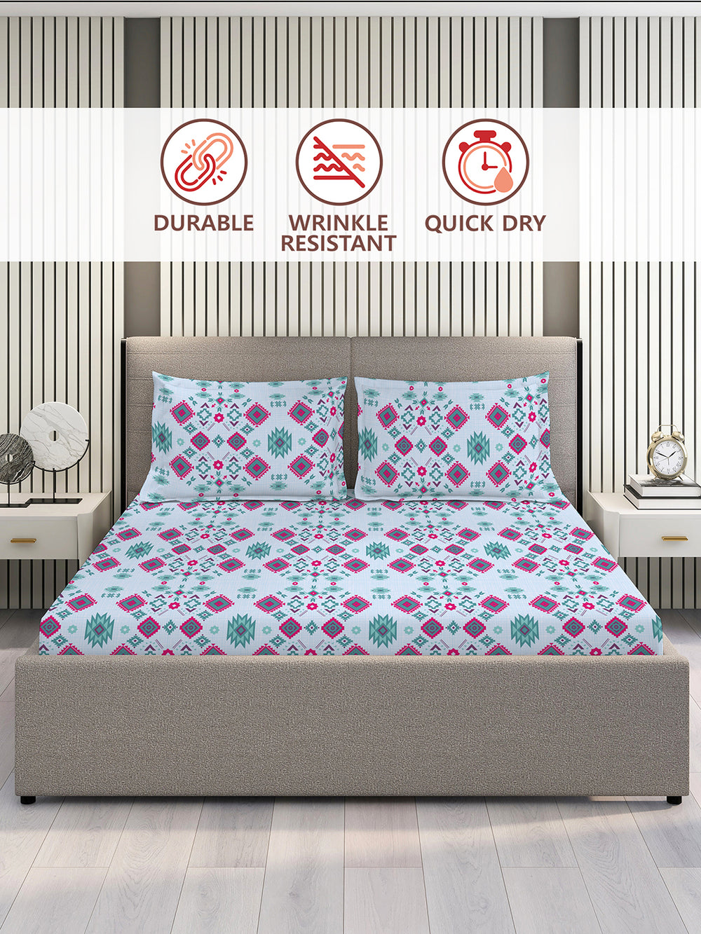 Basicx 100% Cotton 120 TC Blue Ethnic 1 King Size Bedsheet with 2 Pillow Covers