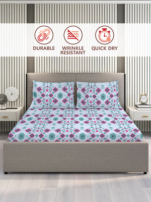 Basicx 100% Cotton 120 TC Blue Ethnic 1 King Size Bedsheet with 2 Pillow Covers