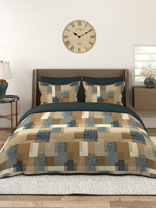 Basicx 100% Cotton 120 TC Brown Geometrical 1 King Size Bedsheet with 2 Pillow Covers