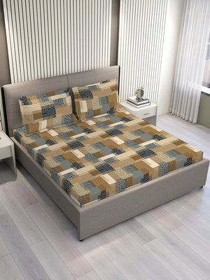 Basicx 100% Cotton 120 TC Brown Geometrical 1 King Size Bedsheet with 2 Pillow Covers