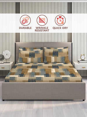 Basicx 100% Cotton 120 TC Brown Geometrical 1 King Size Bedsheet with 2 Pillow Covers