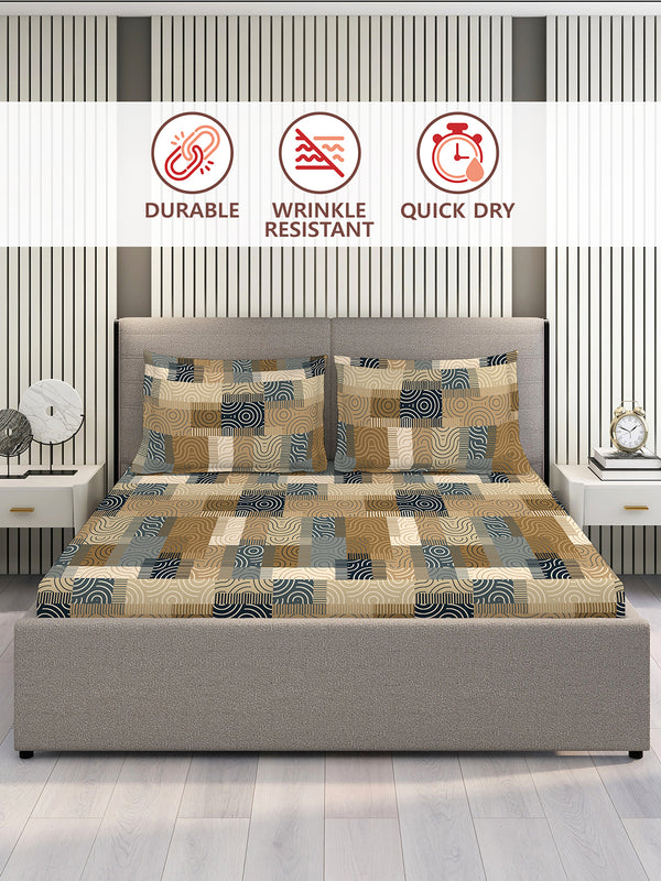 Basicx 100% Cotton 120 TC Brown Geometrical 1 King Size Bedsheet with 2 Pillow Covers