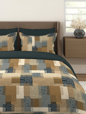 Basicx 100% Cotton 120 TC Brown Geometrical 1 King Size Bedsheet with 2 Pillow Covers