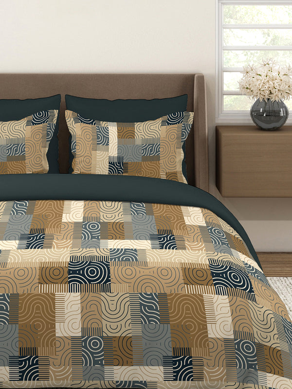 Basicx 100% Cotton 120 TC Brown Geometrical 1 King Size Bedsheet with 2 Pillow Covers