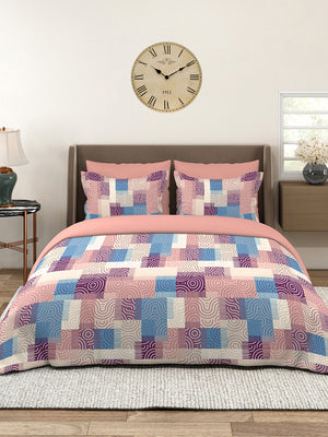 Basicx 100% Cotton 120 TC Pink Geometrical 1 King Size Bedsheet with 2 Pillow Covers