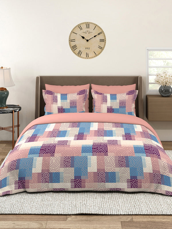 Basicx 100% Cotton 120 TC Pink Geometrical 1 King Size Bedsheet with 2 Pillow Covers