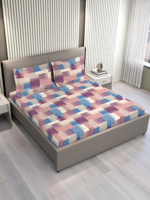 Basicx 100% Cotton 120 TC Pink Geometrical 1 King Size Bedsheet with 2 Pillow Covers