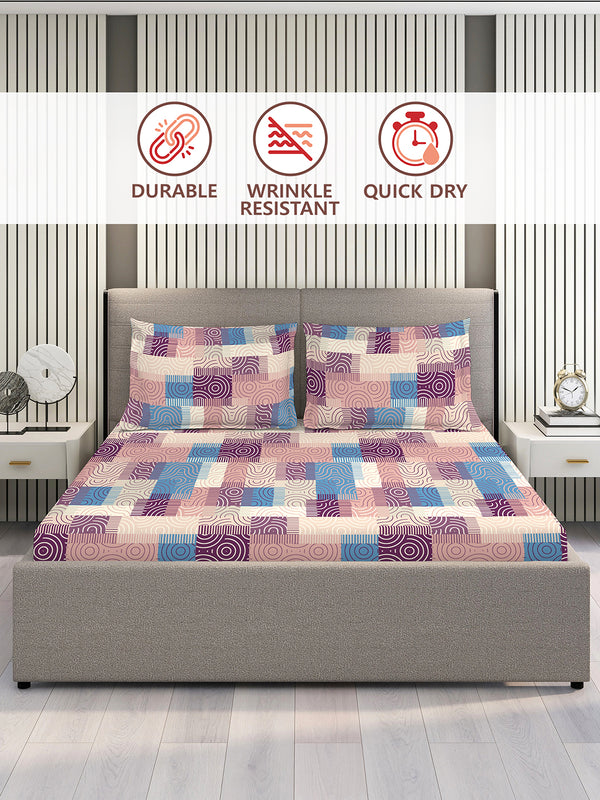 Basicx 100% Cotton 120 TC Pink Geometrical 1 King Size Bedsheet with 2 Pillow Covers