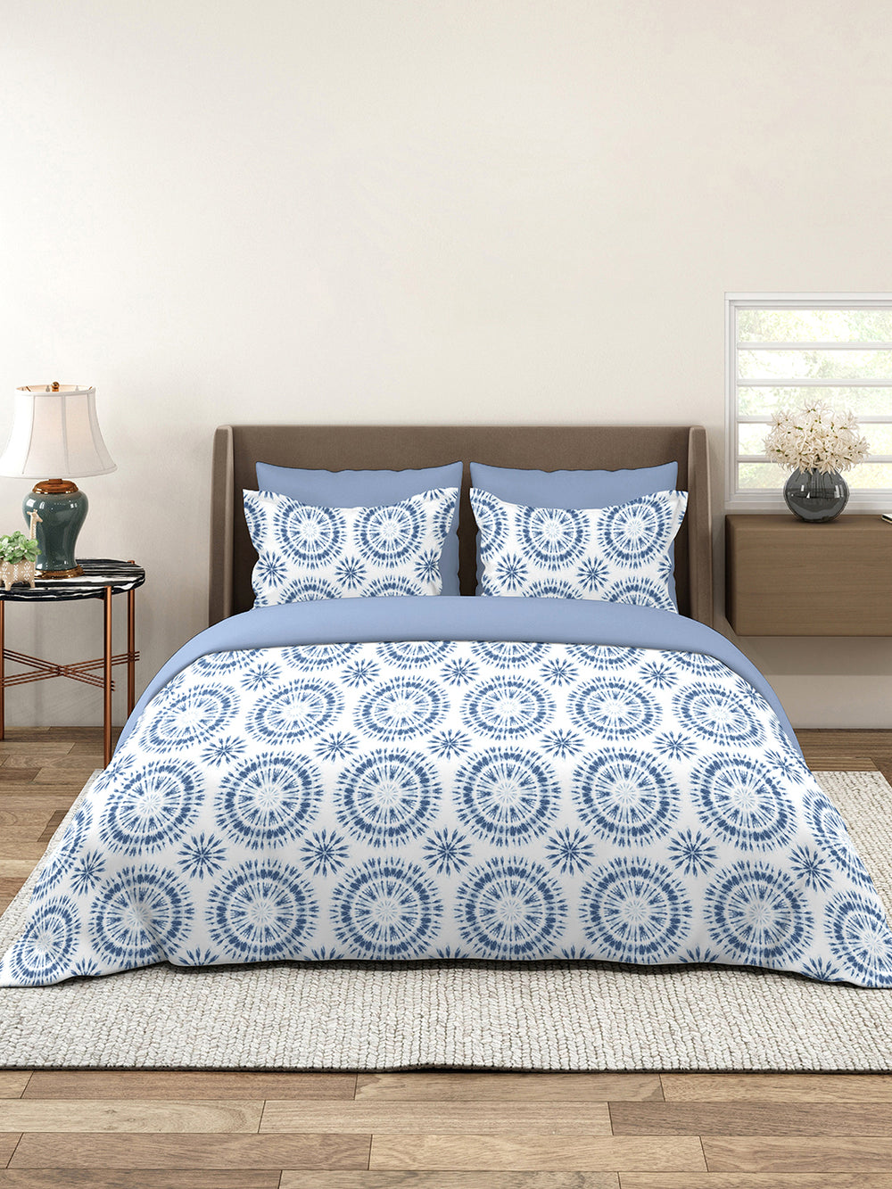Lumina Floret 100% Cotton 144 TC Blue Geometrical 1 Double Size Bedsheet with 2 Pillow Covers