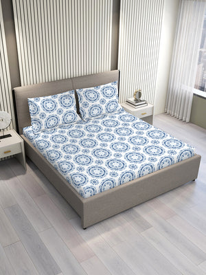 Lumina Floret 100% Cotton 144 TC Blue Geometrical 1 Double Size Bedsheet with 2 Pillow Covers