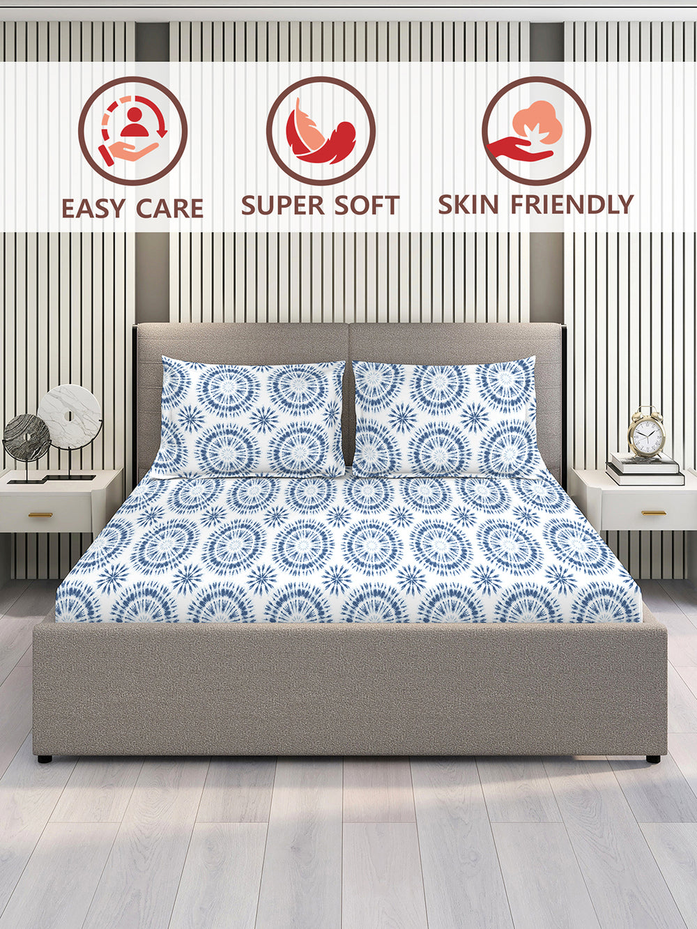 Lumina Floret 100% Cotton 144 TC Blue Geometrical 1 Double Size Bedsheet with 2 Pillow Covers
