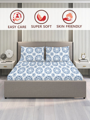 Lumina Floret 100% Cotton 144 TC Blue Geometrical 1 Double Size Bedsheet with 2 Pillow Covers