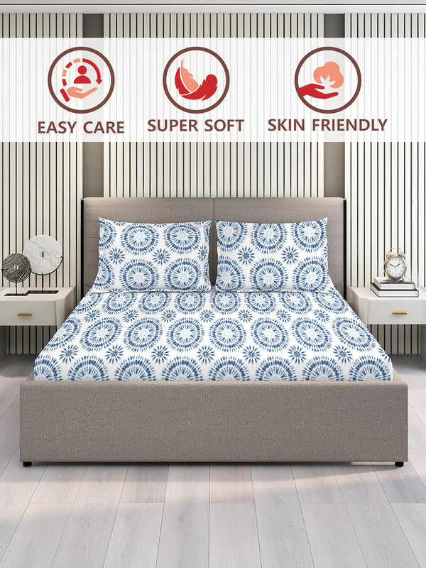 Lumina Floret 100% Cotton 144 TC Blue Geometrical 1 Double Size Bedsheet with 2 Pillow Covers