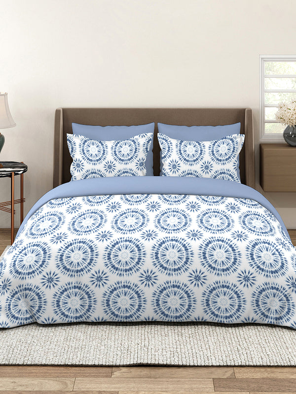 Lumina Floret 100% Cotton 144 TC Blue Geometrical 1 Double Size Bedsheet with 2 Pillow Covers