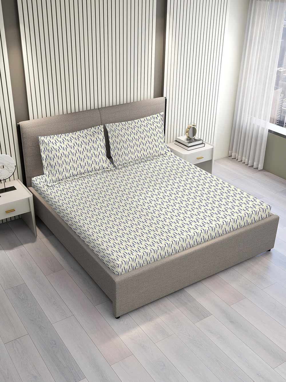Lumina Floret 100% Cotton 144 TC Grey Geometrical 1 Double Size Bedsheet with 2 Pillow Covers