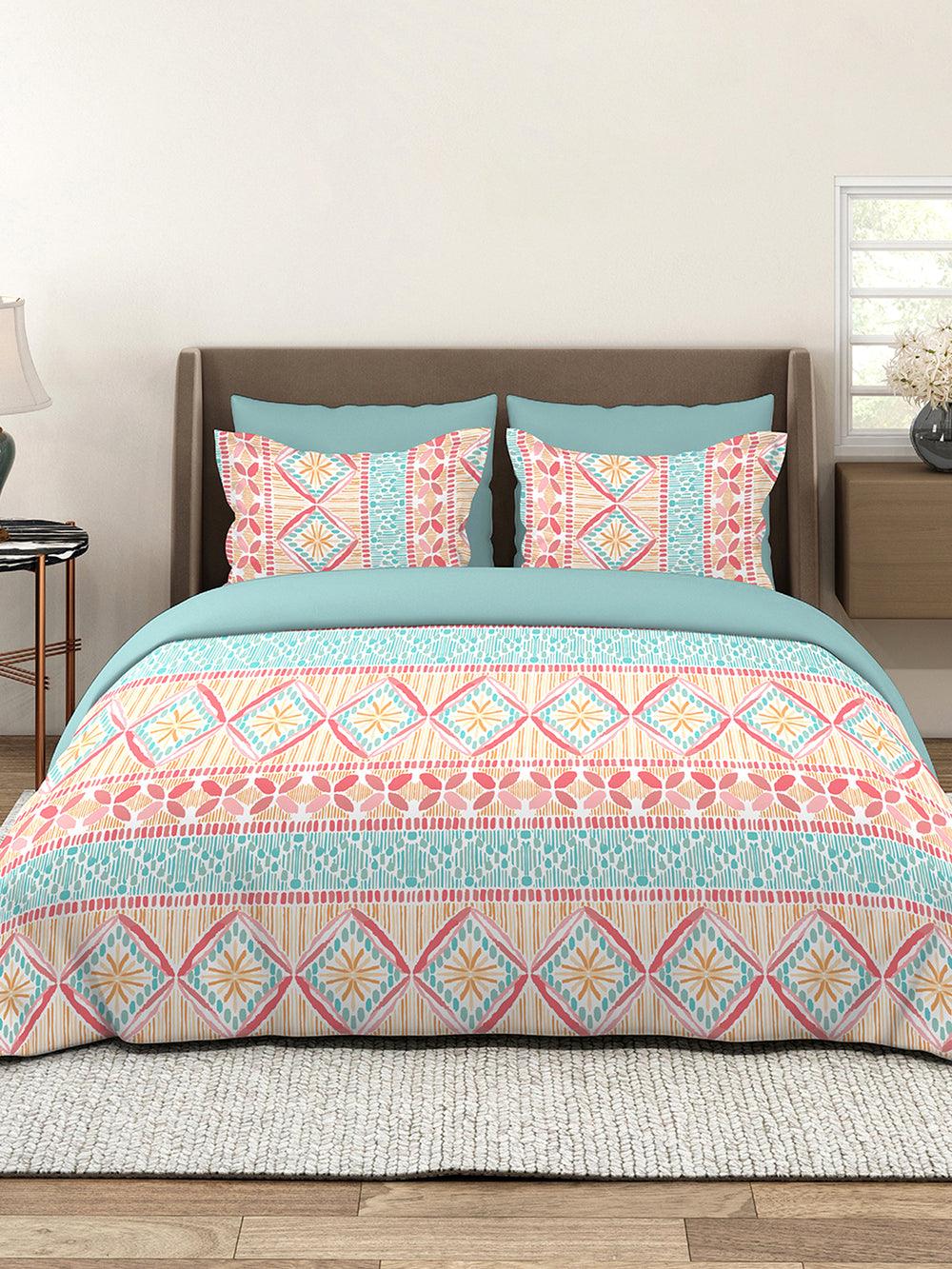 Lumina Floret 2 100% Cotton 144 TC Multicolor Ethnic 1 Double Size Bedsheet with 2 Pillow Covers