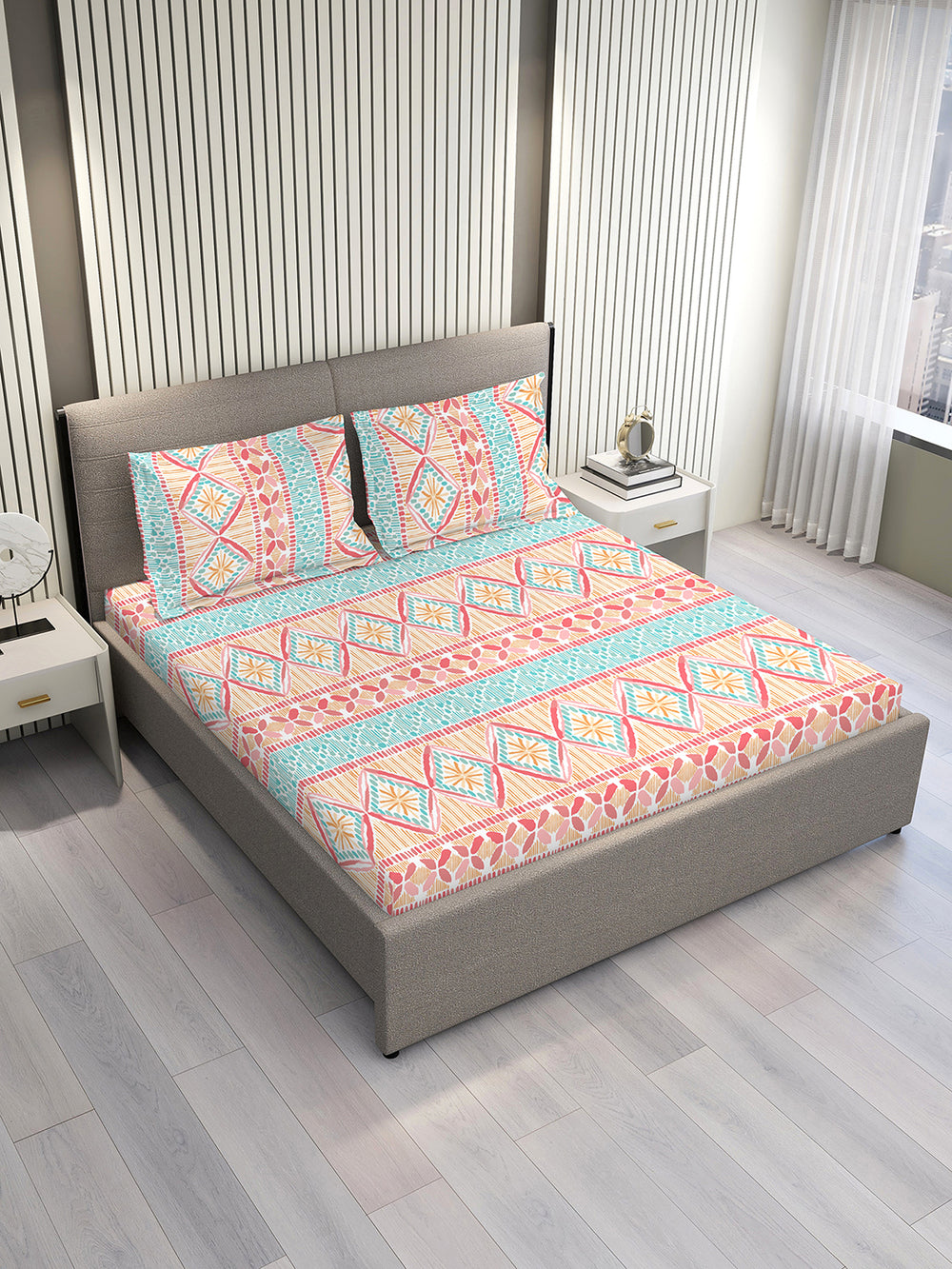 Lumina Floret 2 100% Cotton 144 TC Multicolor Ethnic 1 Double Size Bedsheet with 2 Pillow Covers