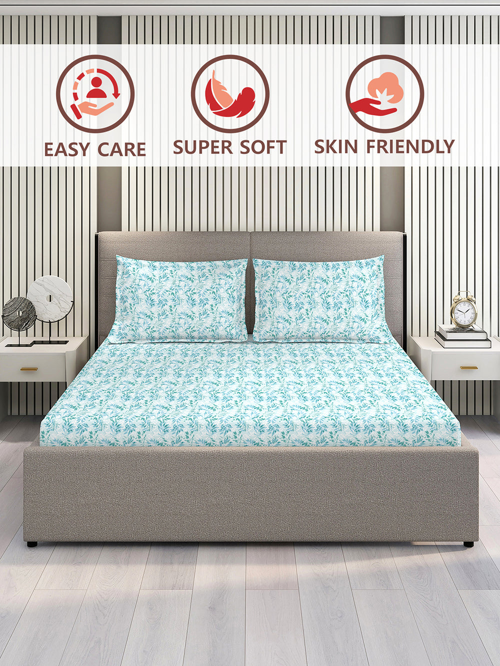 Lumina Floret 100% Cotton 144 TC Blue Floral 1 Double Size Bedsheet with 2 Pillow Covers