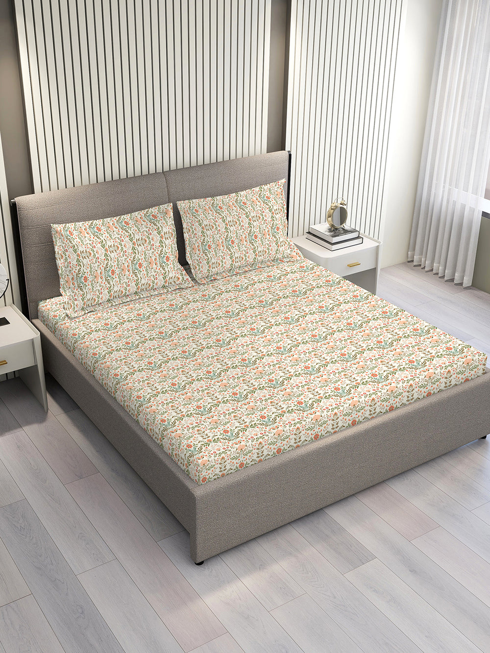 Home Easy 100% Cotton 144 TC Multicolor Floral 1 Double Size Bedsheet with 2 Pillow Covers