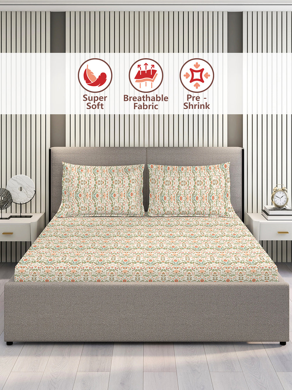 Home Easy 100% Cotton 144 TC Multicolor Floral 1 Double Size Bedsheet with 2 Pillow Covers