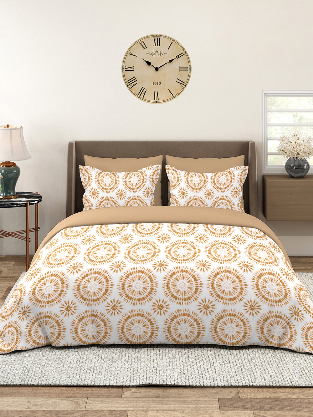 Home Easy 100% Cotton 144 TC White Beige Ethnic 1 Double Size Bedsheet with 2 Pillow Covers