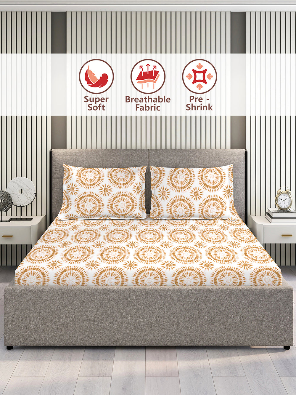 Home Easy 100% Cotton 144 TC White Beige Ethnic 1 Double Size Bedsheet with 2 Pillow Covers