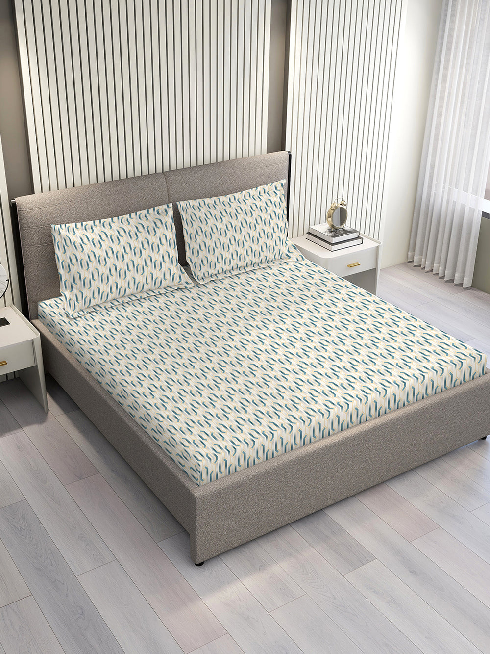 Home Easy 100% Cotton 144 TC Grey Geometrical 1 Double Size Bedsheet with 2 Pillow Covers