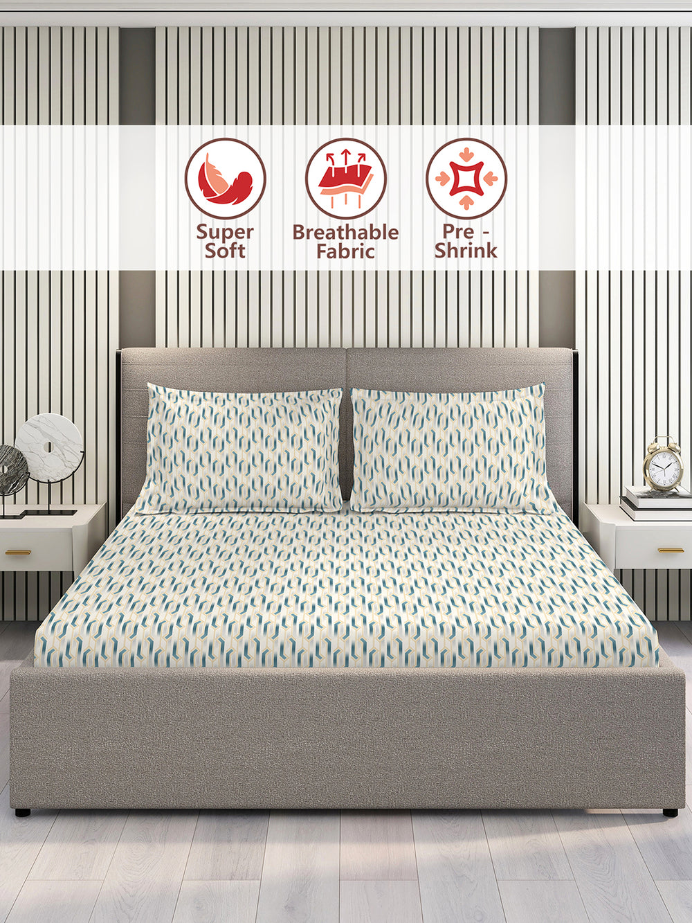 Home Easy 100% Cotton 144 TC Grey Geometrical 1 Double Size Bedsheet with 2 Pillow Covers