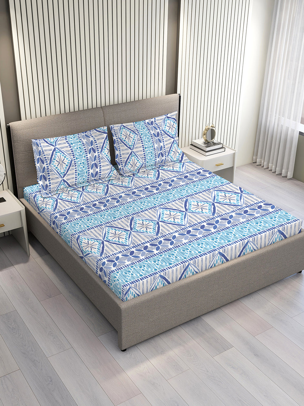 Home Easy 100% Cotton 144 TC Blue Ethnic 1 Double Size Bedsheet with 2 Pillow Covers