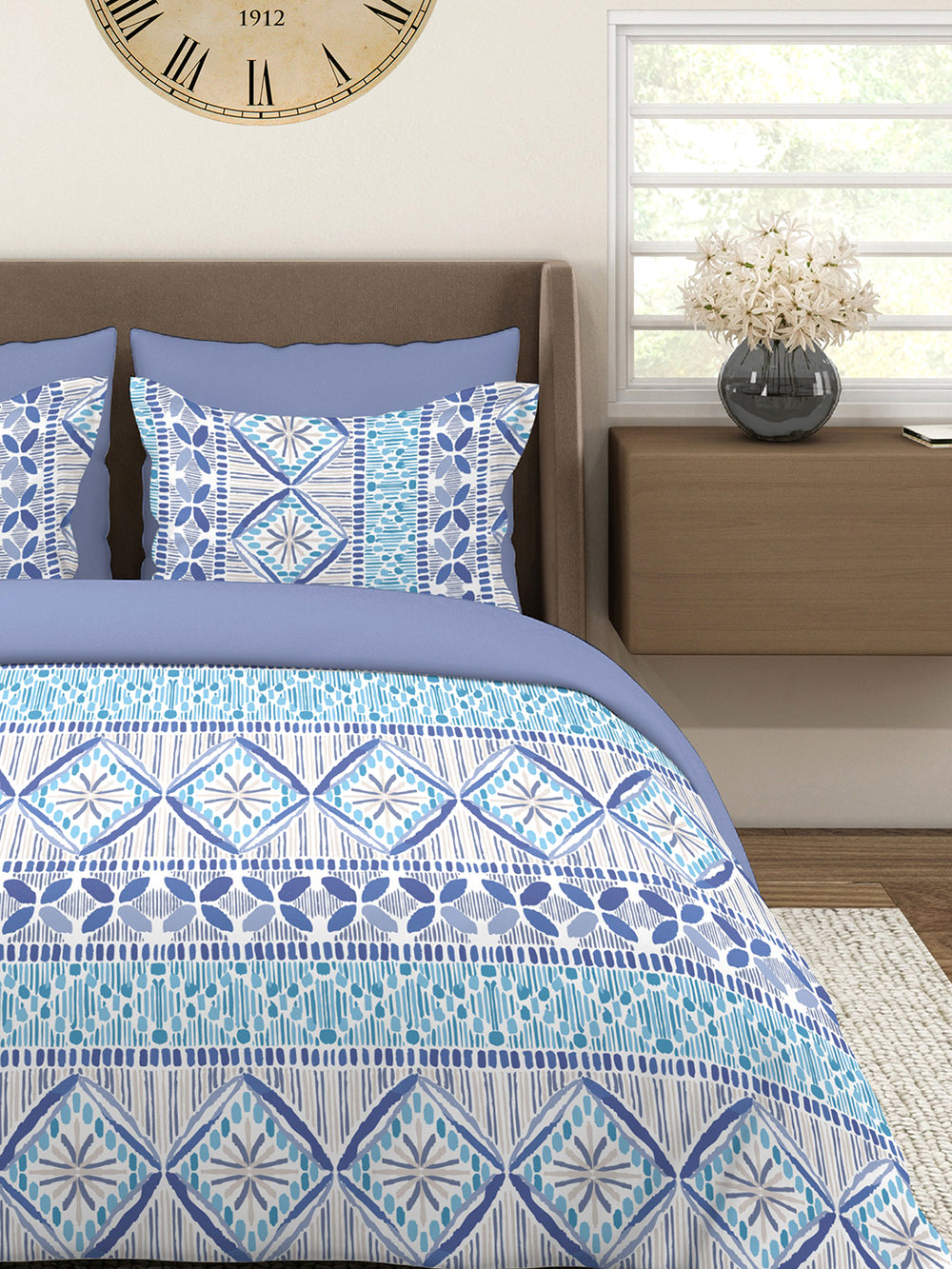 Home Easy 100% Cotton 144 TC Blue Ethnic 1 Double Size Bedsheet with 2 Pillow Covers