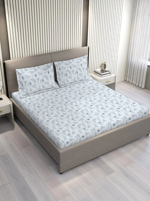 Home Easy 100% Cotton 144 TC Blue Floral 1 Double Size Bedsheet with 2 Pillow Covers