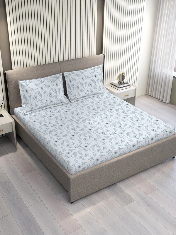 Home Easy 100% Cotton 144 TC Blue Floral 1 Double Size Bedsheet with 2 Pillow Covers