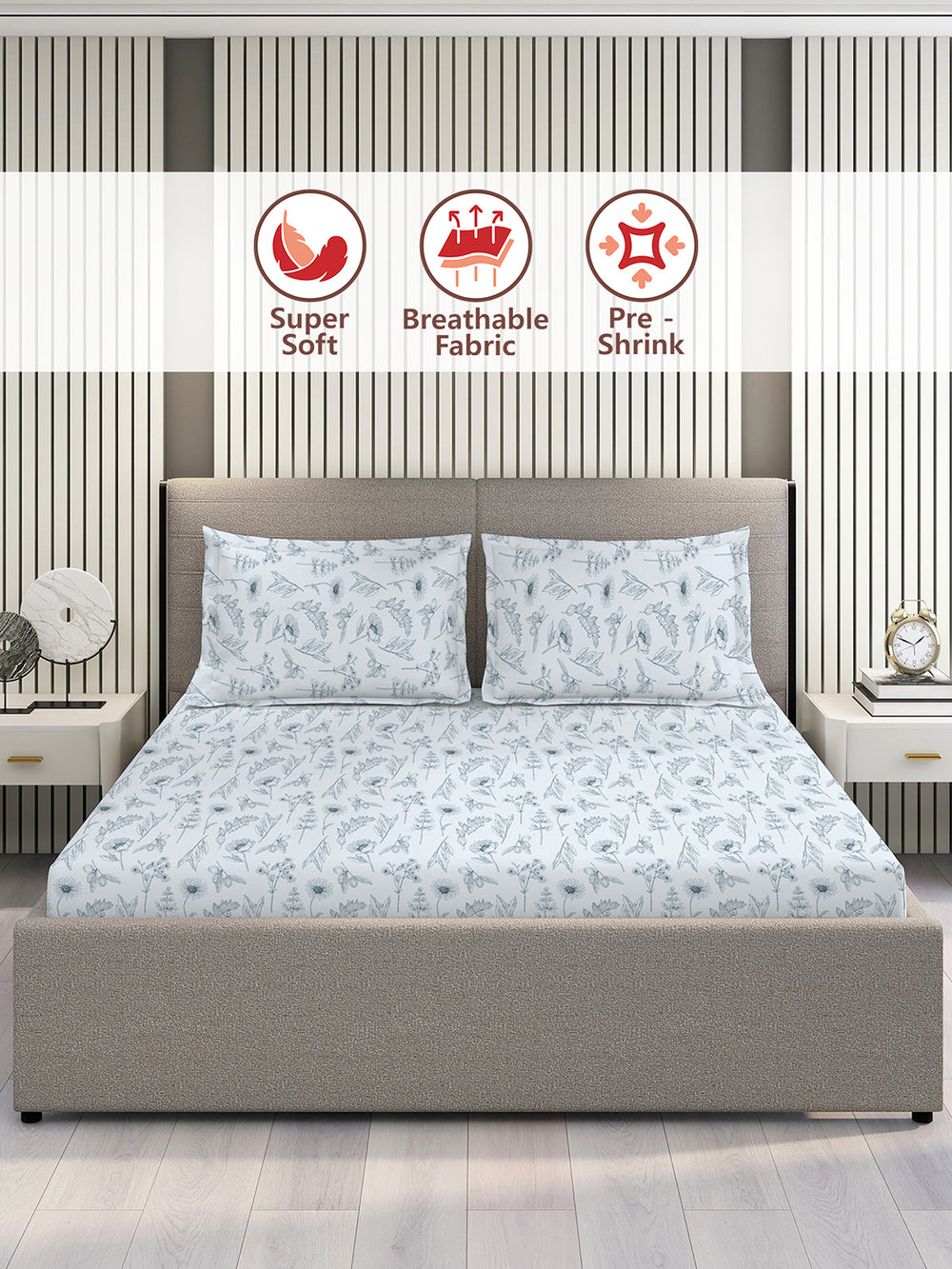 Home Easy 100% Cotton 144 TC Blue Floral 1 Double Size Bedsheet with 2 Pillow Covers
