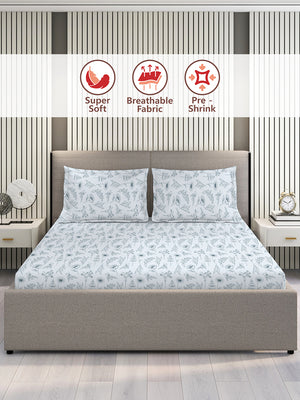 Home Easy 100% Cotton 144 TC Blue Floral 1 Double Size Bedsheet with 2 Pillow Covers