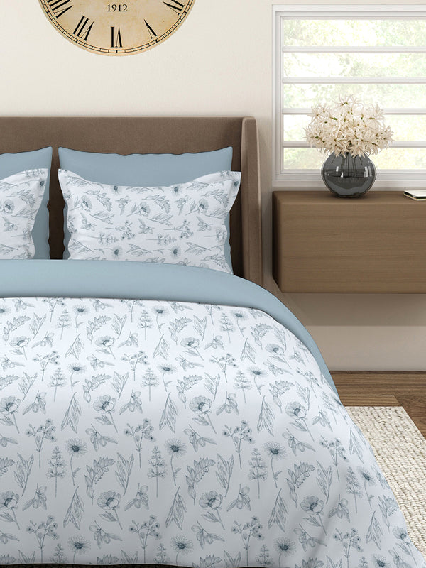 Home Easy 100% Cotton 144 TC Blue Floral 1 Double Size Bedsheet with 2 Pillow Covers