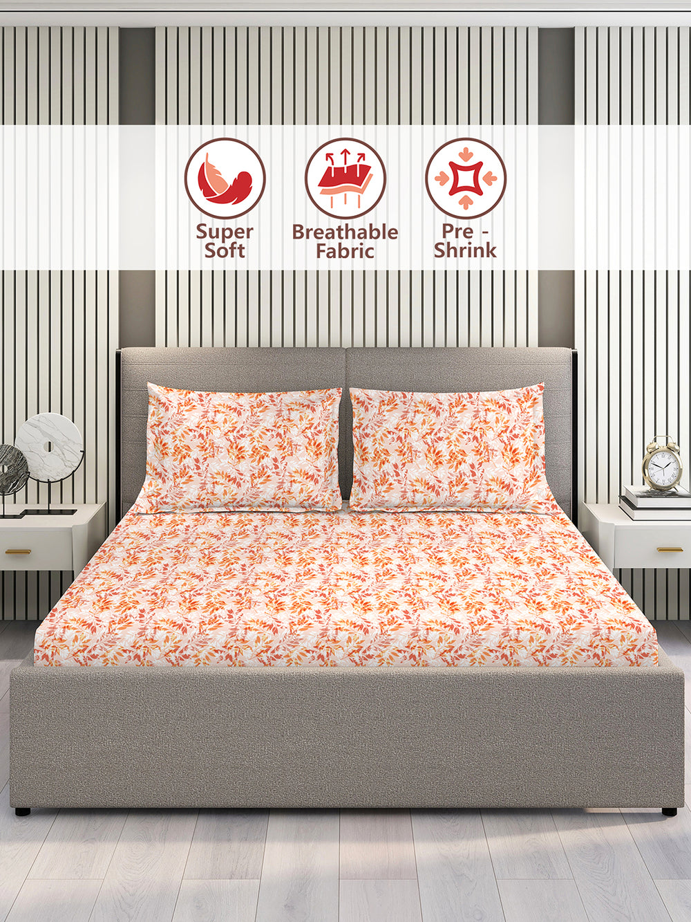 Home Easy 100% Cotton 144 TC Orange Floral 1 Double Size Bedsheet with 2 Pillow Covers