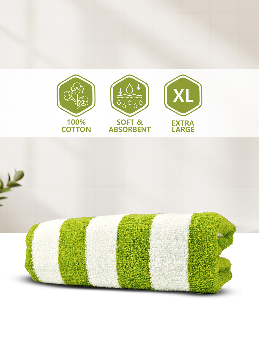 Miami (Cabana Stripe) 550 GSM 100% Cotton Green White Extra Large Towel - Pack of 1