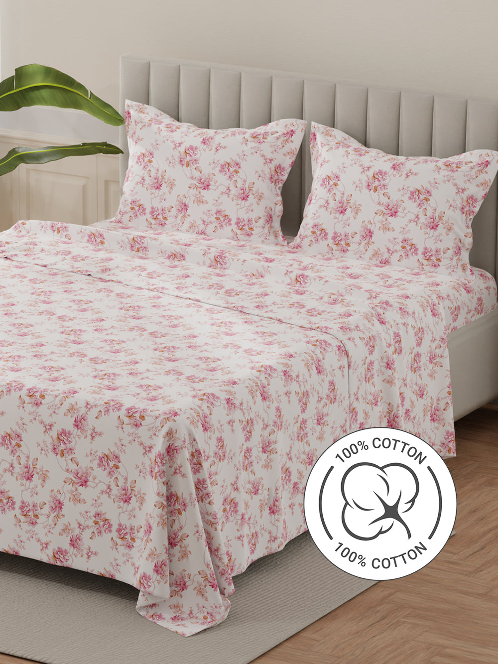 Lumina Floret 100% Cotton 144 TC Pink & White Floral King Bedsheet with 2 Pillow Covers