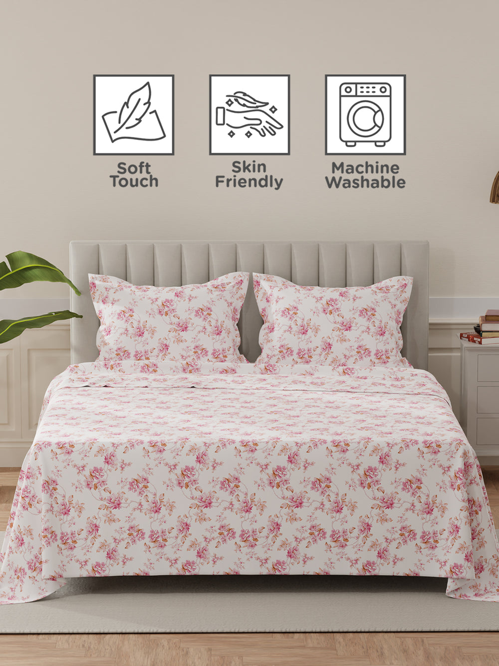 Lumina Floret 100% Cotton 144 TC Pink & White Floral King Bedsheet with 2 Pillow Covers