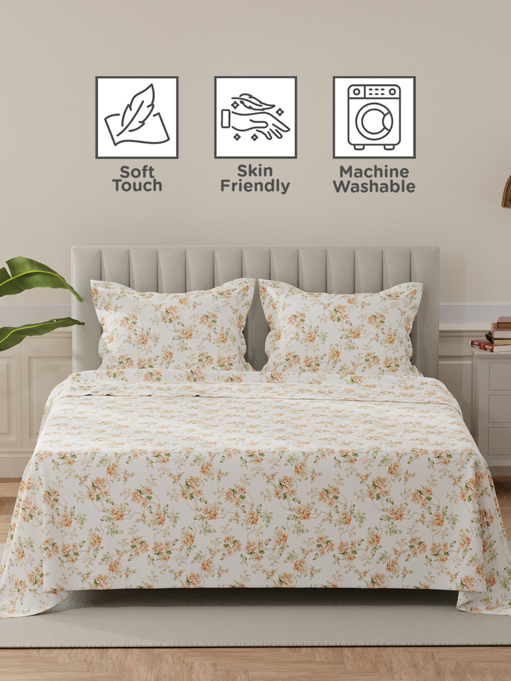 Lumina Floret 100% Cotton 144 TC Orange & White Floral King Bedsheet with 2 Pillow Covers