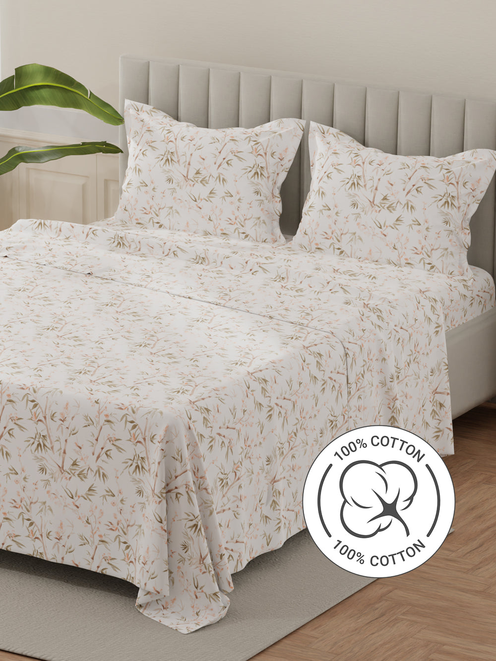 Lumina Floret 100% Cotton 144 TC Brown & White Floral King Bedsheet with 2 Pillow Covers