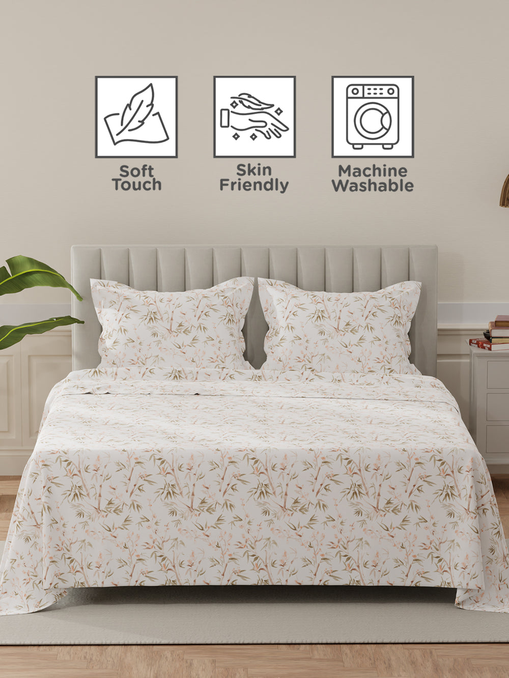 Lumina Floret 100% Cotton 144 TC Brown & White Floral King Bedsheet with 2 Pillow Covers