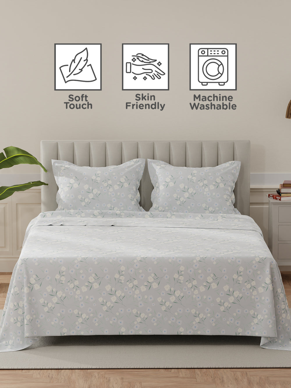Lumina Floret 100% Cotton 144 TC Grey Floral King Bedsheet with 2 Pillow Covers