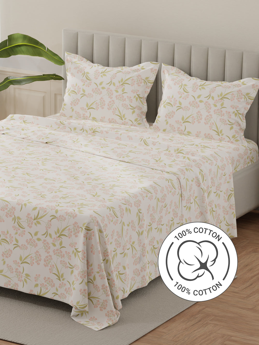 Lumina Floret 100% Cotton 144 TC White, Green, Red Floral King Bedsheet with 2 Pillow Covers