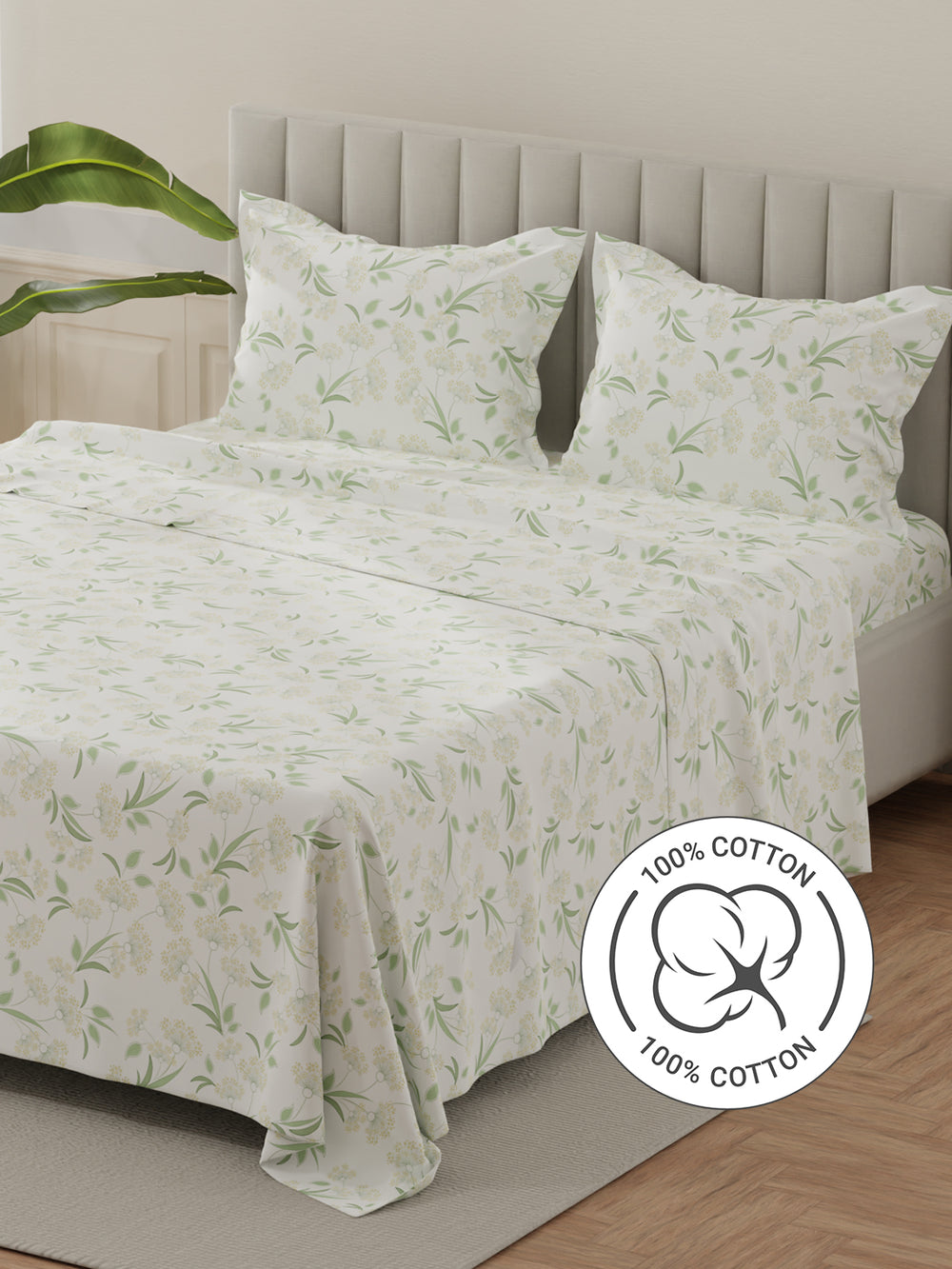 Lumina Floret 100% Cotton 144 TC Green & White Floral King Bedsheet with 2 Pillow Covers