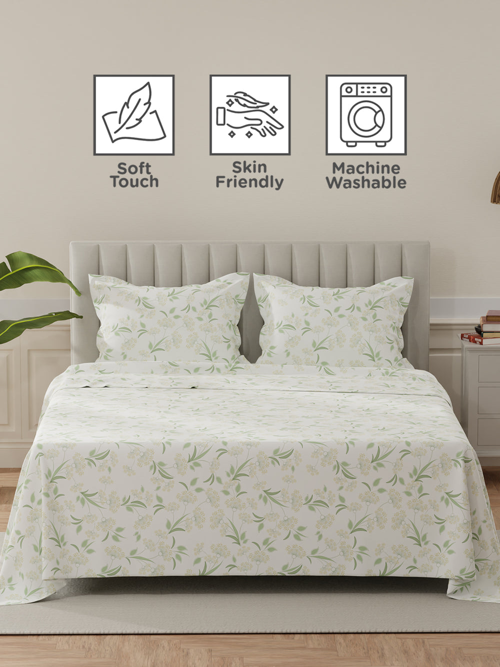 Lumina Floret 100% Cotton 144 TC Green & White Floral King Bedsheet with 2 Pillow Covers