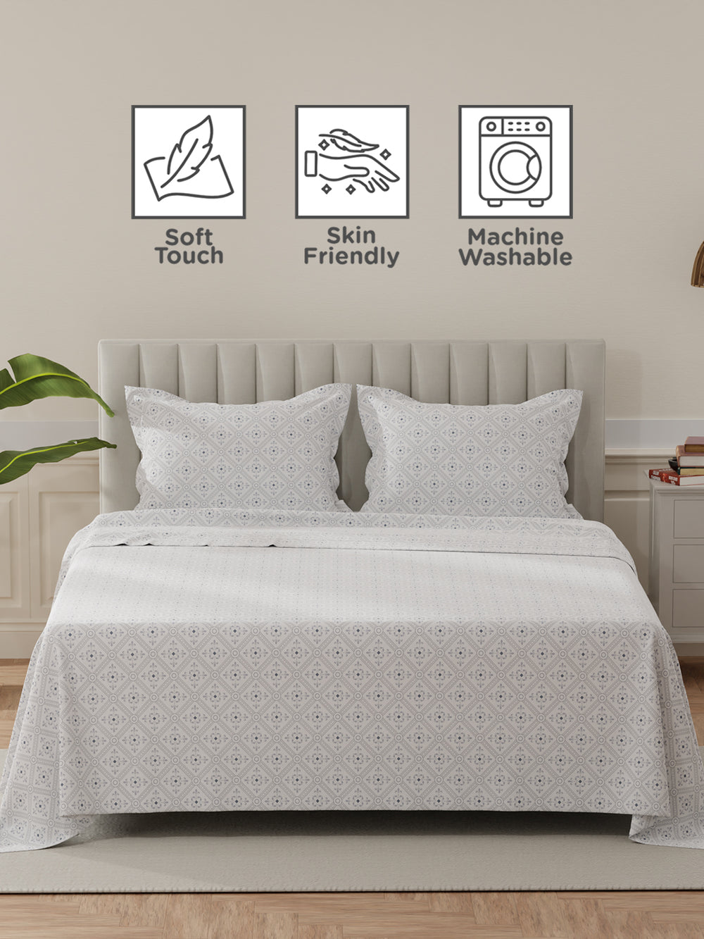 Lumina Floret 100% Cotton 144 TC Grey & White Ethnic Print King Bedsheet with 2 Pillow Covers