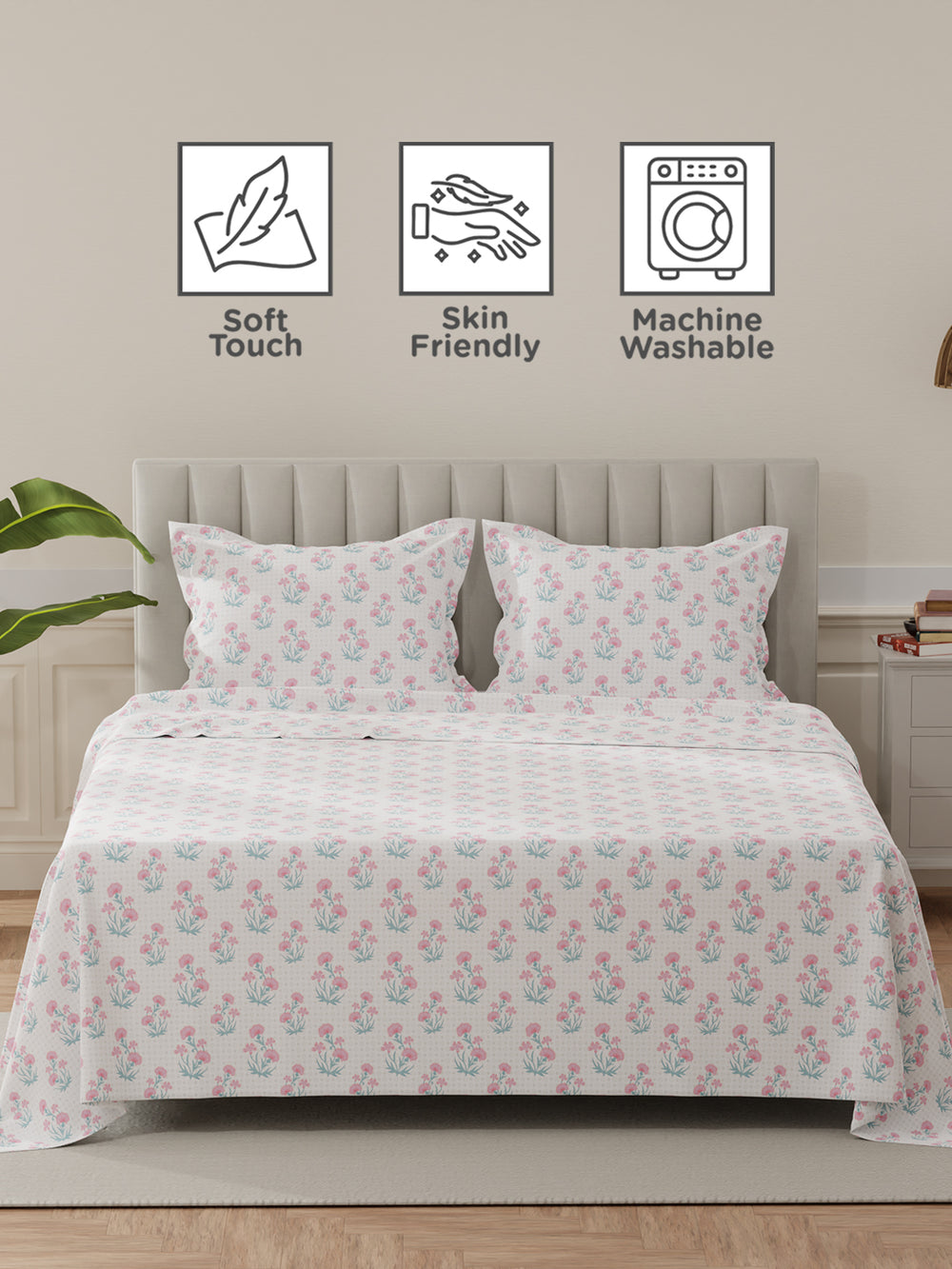 Lumina Floret 100% Cotton 144 TC Pink, Blue, White Floral King Bedsheet with 2 Pillow Covers
